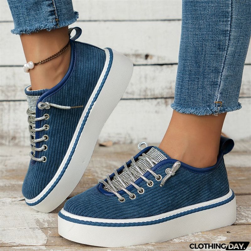 Women's Stylish Thick-Soled Round Toe Lace-Up Rhinestone Casual Shoes