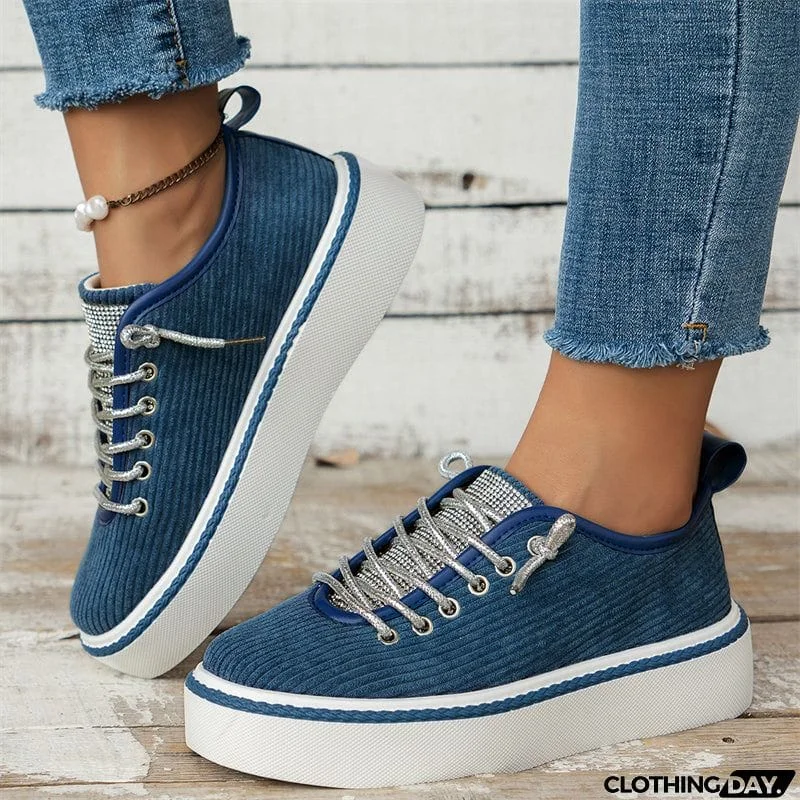 Women's Stylish Thick-Soled Round Toe Lace-Up Rhinestone Casual Shoes