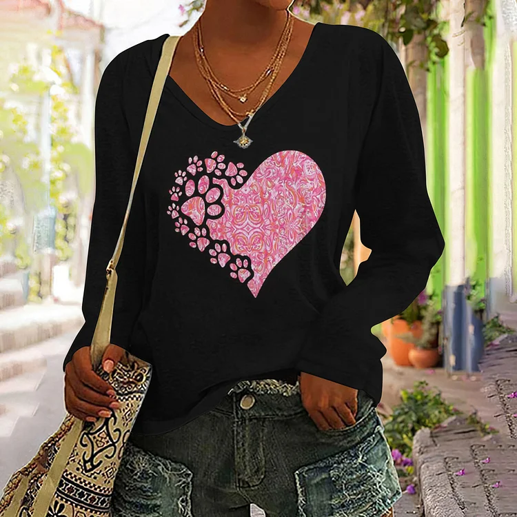 Floral Dog Paw Print Long Sleeve T-Shirt