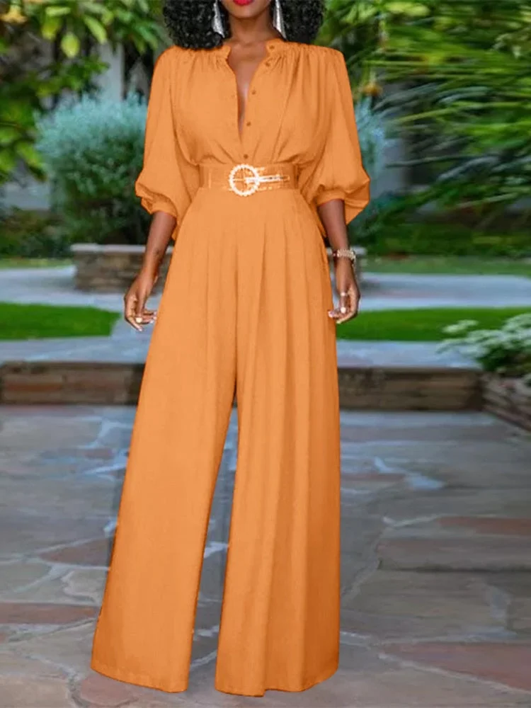 2022 Celmia Women Long Jumpsuits Fashion Casual 3/4 Puff Sleeve Rompers Pleated Buttons Wide Leg Pants Loose Elegant Overalls