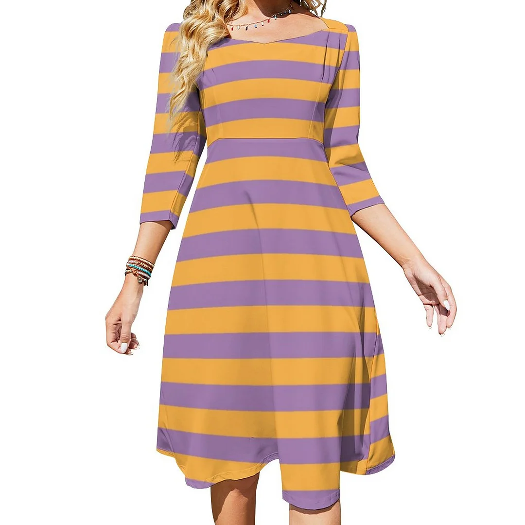 Witch Orange And Purple Striped Stockings Dress Sweetheart Tie Back Flared 3/4 Sleeve Midi Dresses