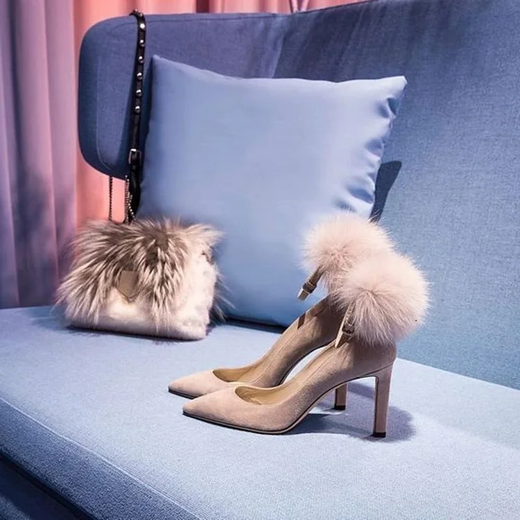 Blush Fur Heels Pointy Toe Ankle Strap Pumps |FSJ Shoes