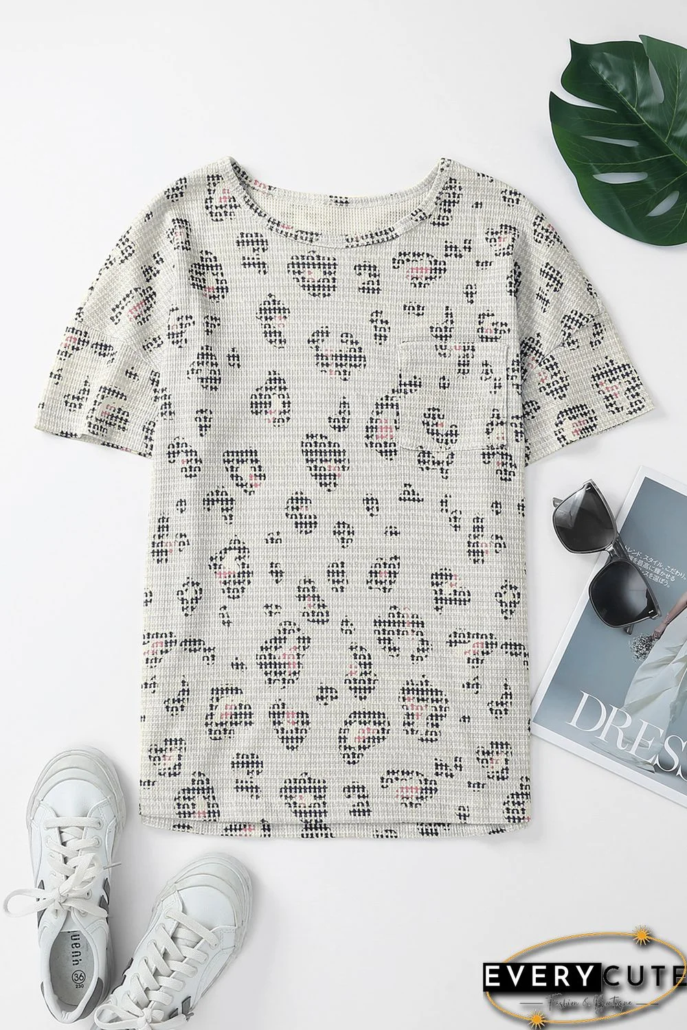 Leopard Waffle Knit Short Sleeve Top