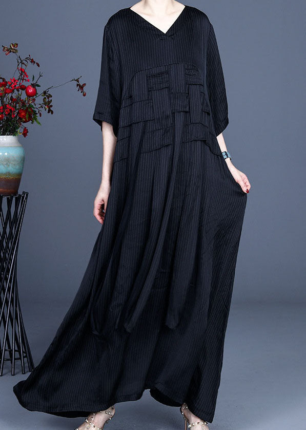 VCSHOES Black V Neck Patchwork Silk Dresses Half Sleeve