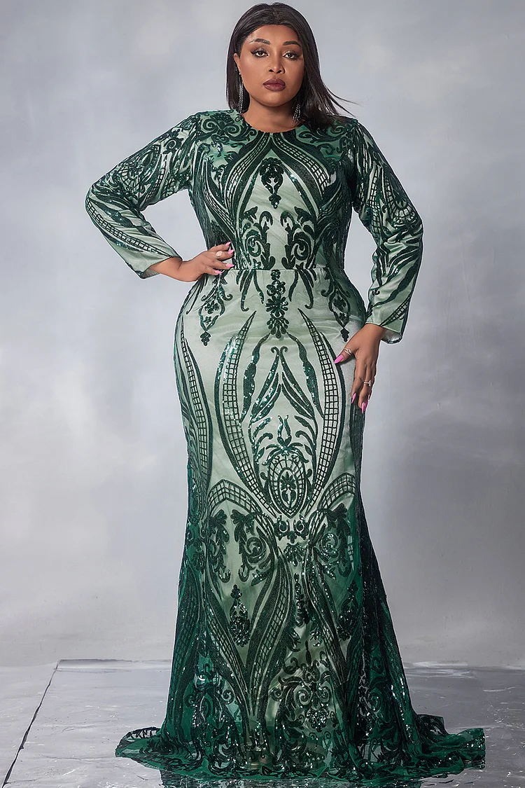 Xpluswear Design Plus Size Formal Maxi Dresses Elegant Green Fall Winter Crew Neck Long Sleeve Sequin Maxi Dresses [Pre-Order]