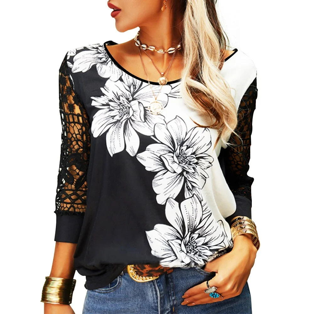 Lace Eight-Quarter Sleeve Ladies Tops Floral Print Women Autumn Round Neck Shirts Female Office Lady Spring T-Shirt Tees D30
