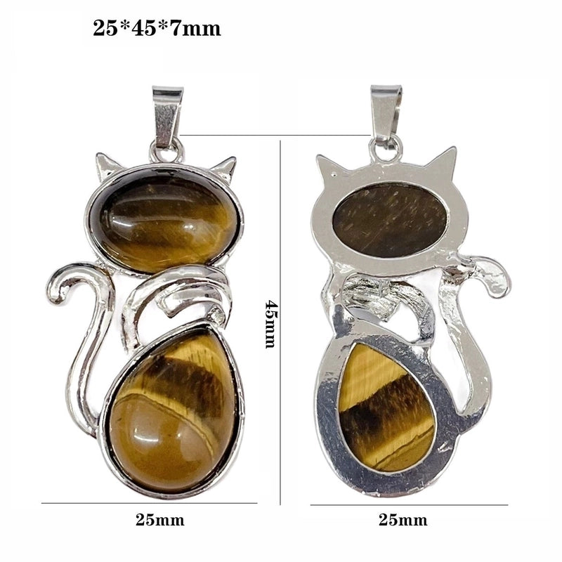 1 Piece 25*45MM Alloy Natural Stone Crystal Cat Pendant