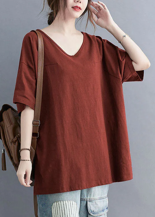 Rust Patchwork Cotton T Shirt Tops V Neck Short Sleeve