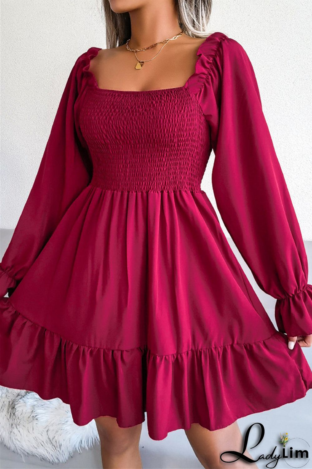 Burgundy Fashion Casual Solid Patchwork Square Collar Long Sleeve Dresses