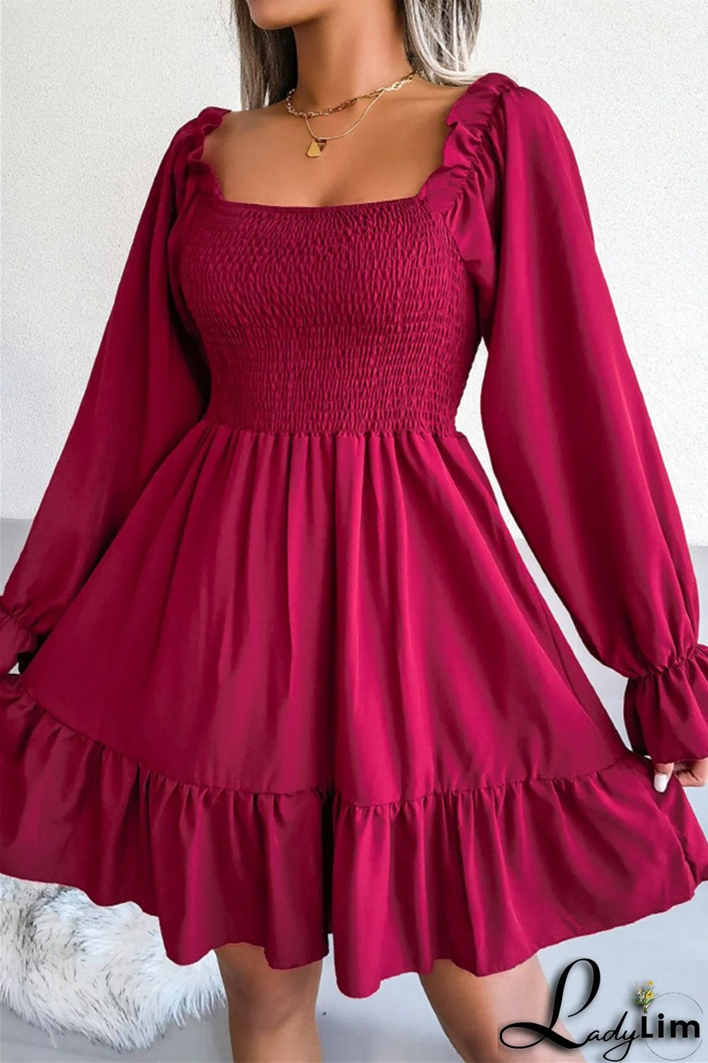 Burgundy Fashion Casual Solid Patchwork Square Collar Long Sleeve Dresses