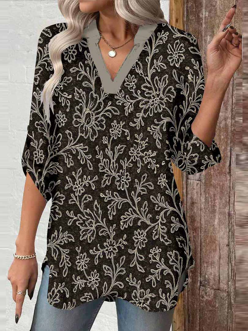 Women Floral, Black, White DZGA0108 3/4 Sleeve V-neck Printed Graphic Button Tops