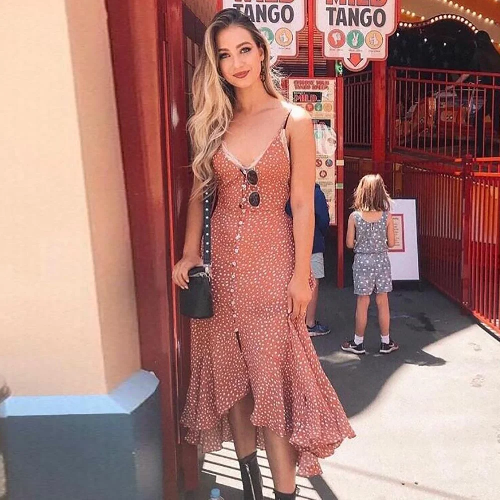 WildPinky Elegant Polka dot boho women midi summer dress Sexy v-neck strap button A-line dress Female print beach vestidos