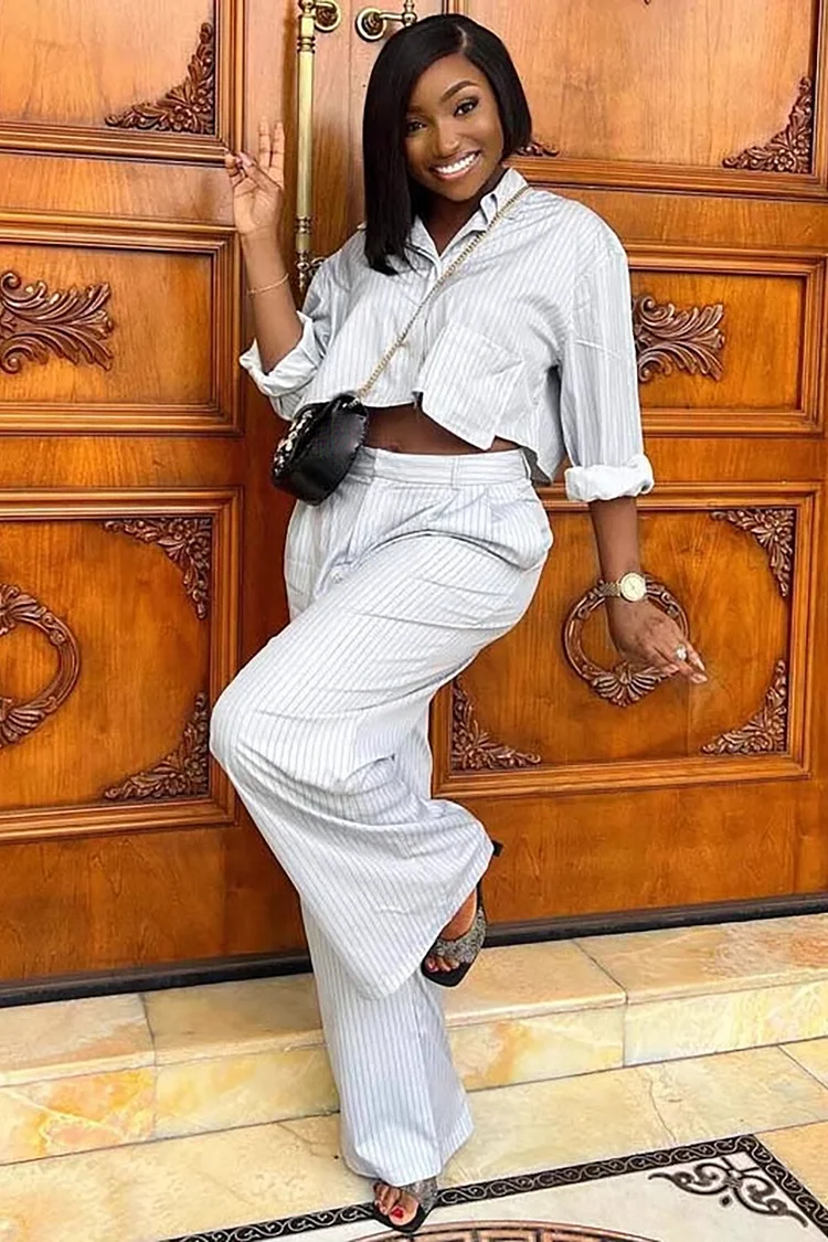 Pinstriped Print Long Sleeve Crop Blouse Wide Leg Pants 2pcs Set-White