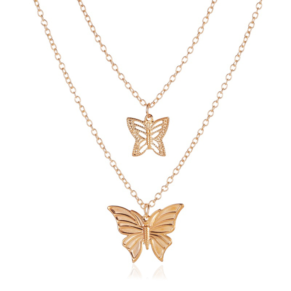 

Hollow Butterfly Necklace Two Layer Pendant Clavicle Chain Women Jewelry, Gold, 501 Original