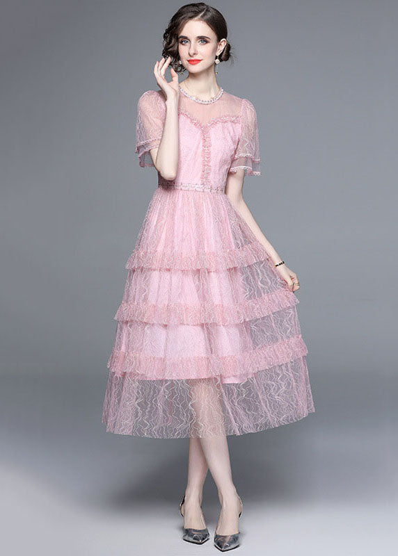 VCSHOES Pink Ruffled Nail Bead Patchwork Tulle Long Dresses Summer