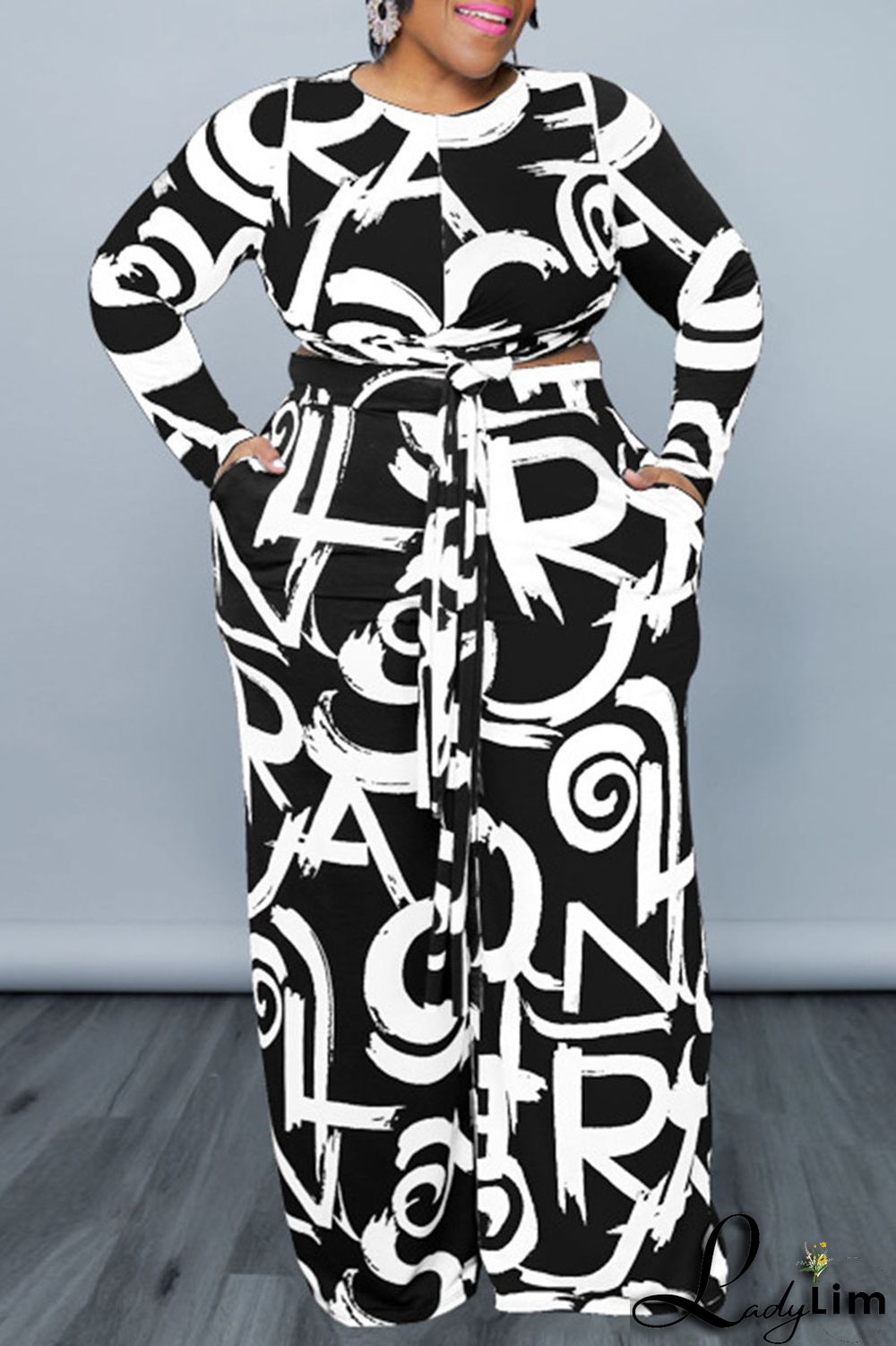 Tibetan Blue Casual Print Bandage Patchwork O Neck Plus Size Two Pieces