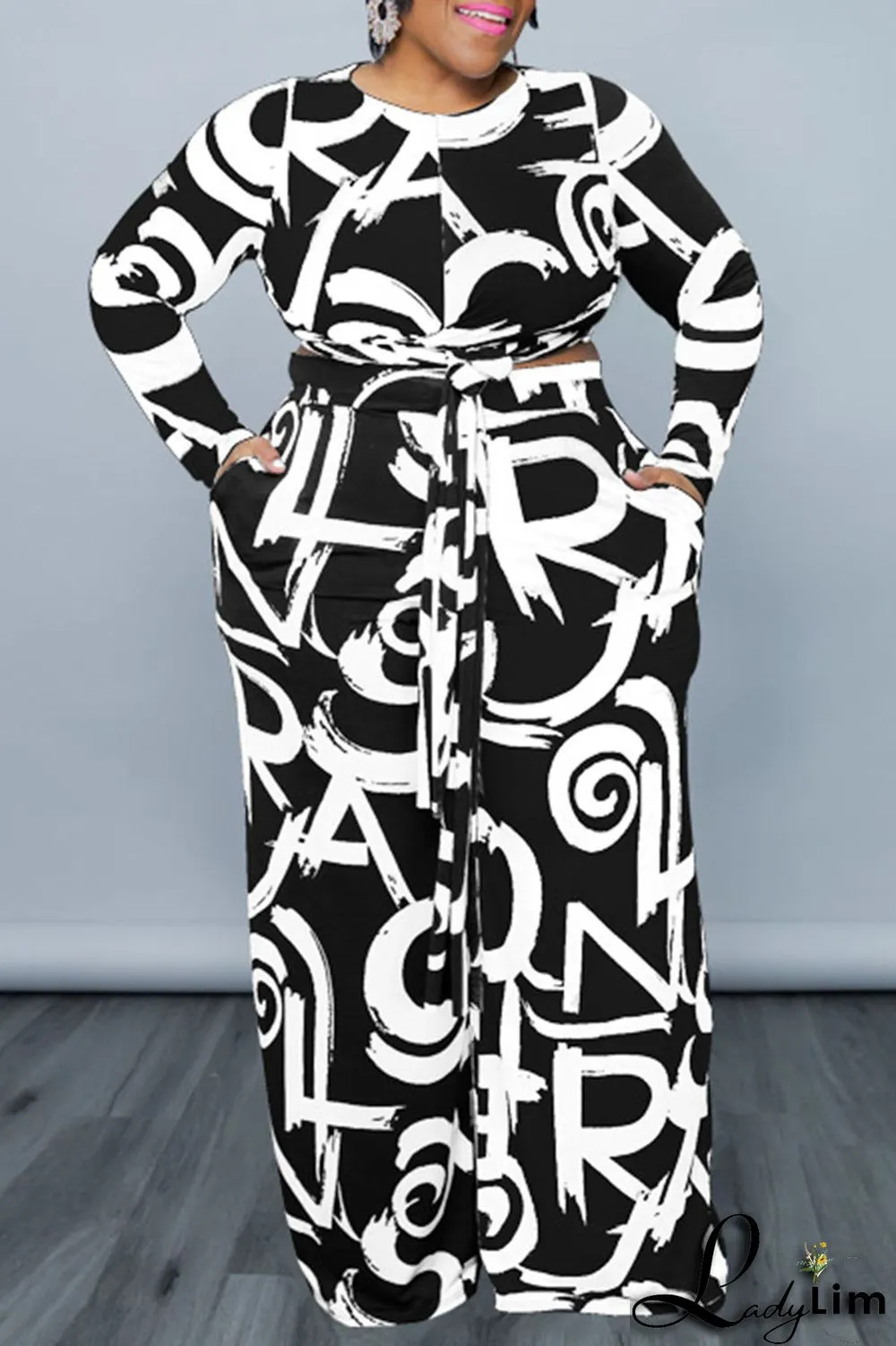 Tibetan Blue Casual Print Bandage Patchwork O Neck Plus Size Two Pieces