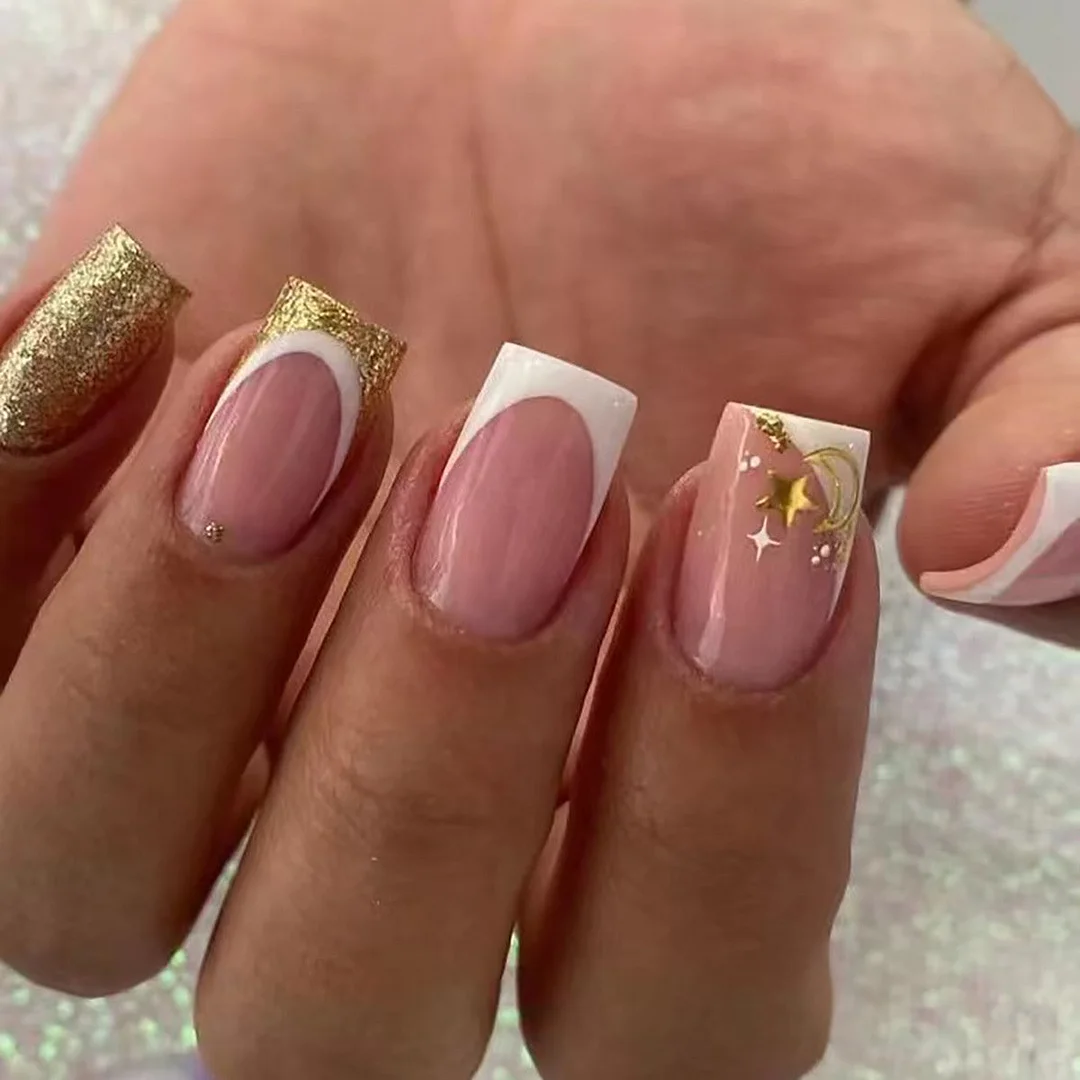 Stars Moon Diamonds Long-length Press On Nails With Nail Adhesives 24 pcs