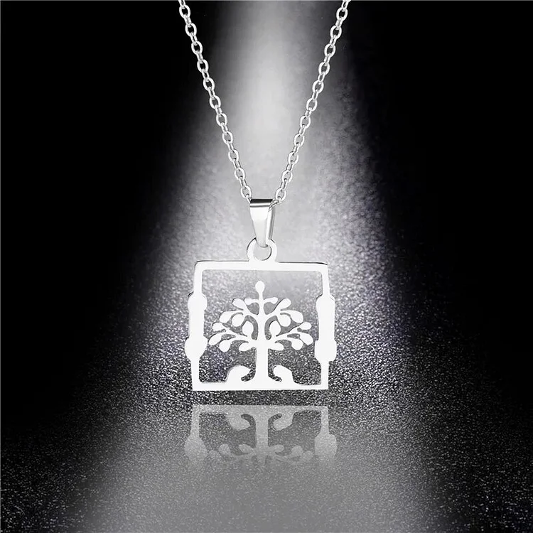 Femme Summer Collar Unique Boho Tree of Life Necklaces Stainless Steel Geometric Square Pendant Necklaces Beach Jewelry
