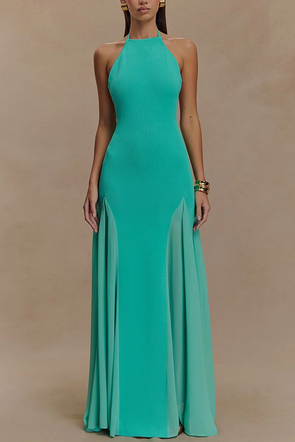 Lilly Knit Panelled Tulle Halter Backless A-line Stretch Maxi Dress