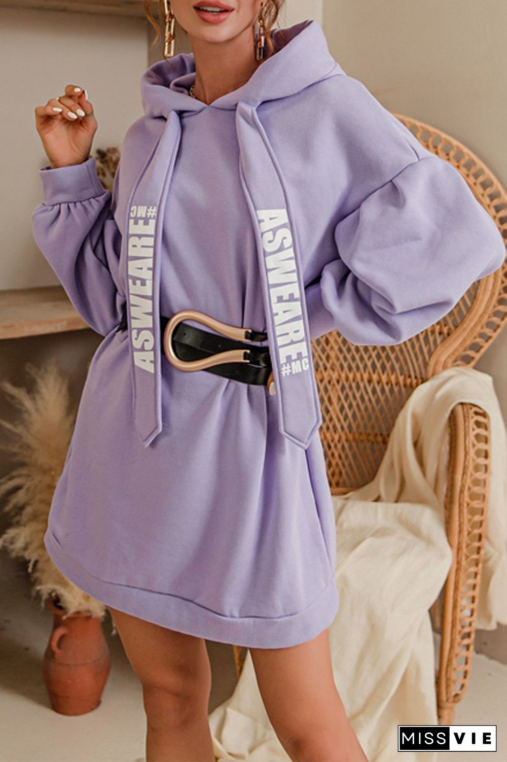 Letter Print Drawstring Hooded Dress
