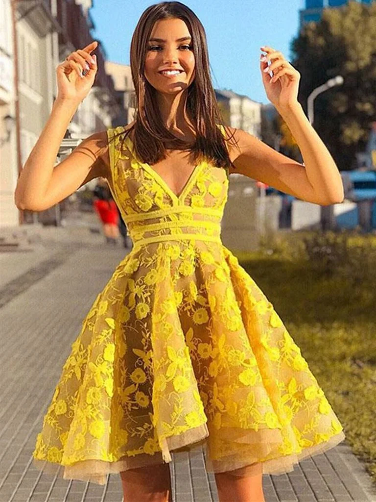 Pretty Short V Neck Yellow Lace HomecomingProm Dresses Under 200 