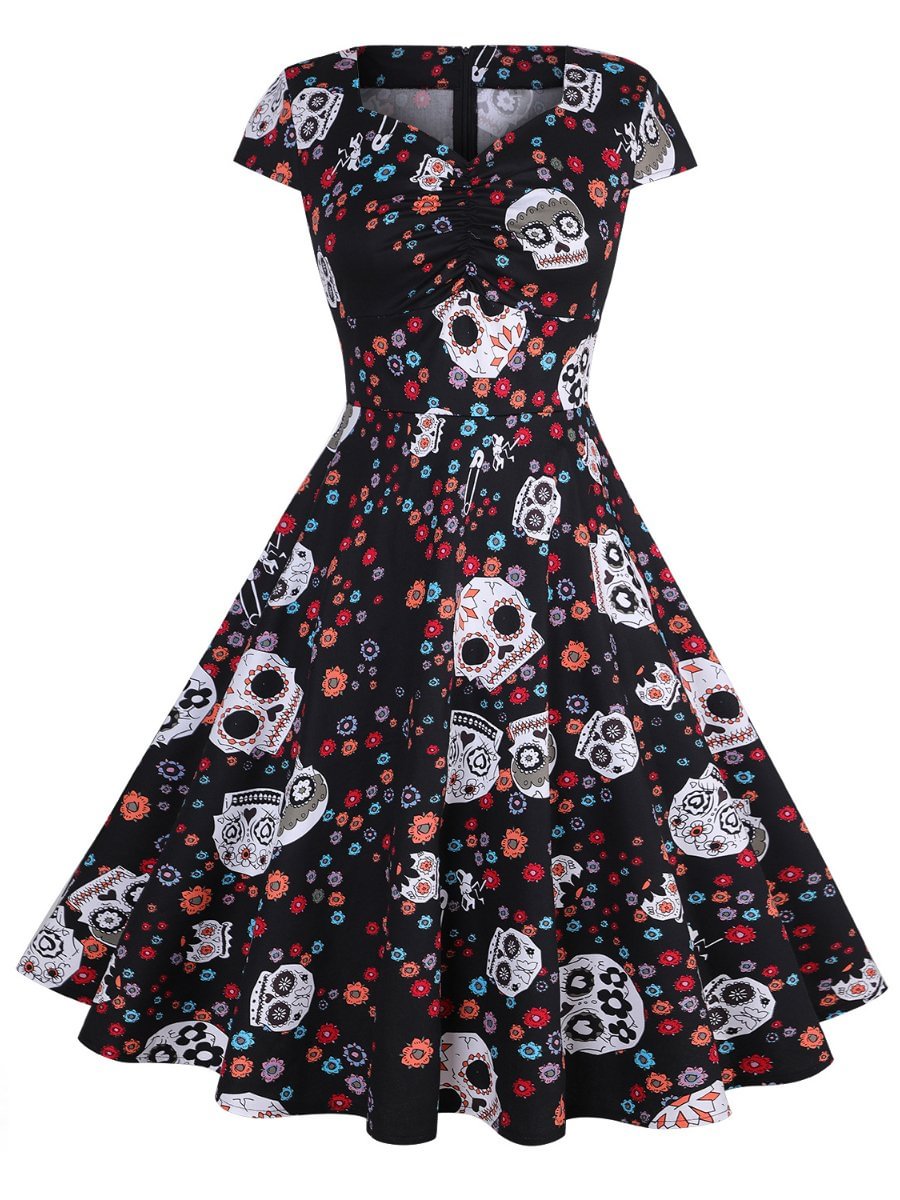 Vintage Dress For Women Hepburn Style Print Swing Plus Size Dress