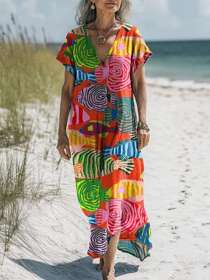 Vibrant Sea Fish Pattern Printed Women's Pocket Cotton Dress