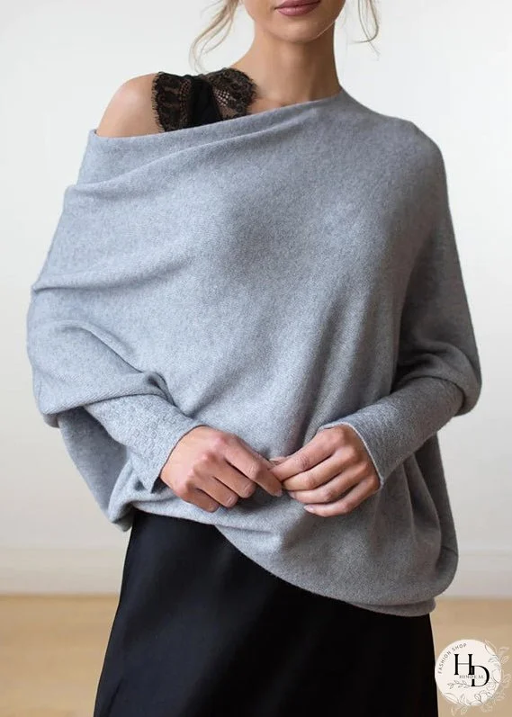 Plus Size Grey O Neck Knit Pullover Batwing Sleeve