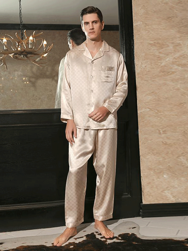 22 MOMME Pyjama en soie imprimé carré à manches longues de luxe homme-Soie Plus