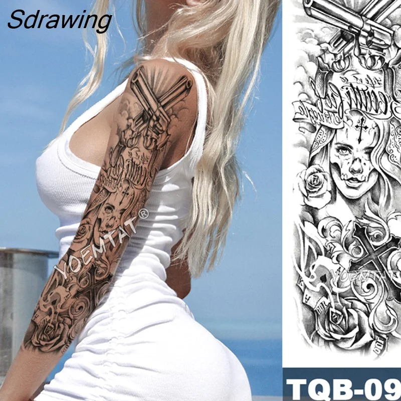 Sdrawing Arm Sleeve Tattoo Japanese Wave Waterproof Temporary Tattoo Sticker Lily Peacock Men Full Tiger Fox Tatoo Body Art Women