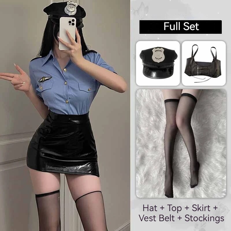 [Wetrose] In Stock Hot Cop Cosplay Costume Halloween Police Woman Security Uniform Leather Skirt Dress Crotchless Sexy Lingeire