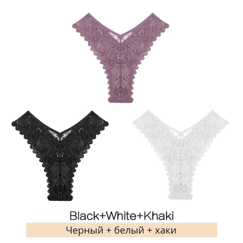 FINETOO Sexy Low-Rise Lace Panties 3Pcs/set Women Floral Brazilian Underwear S-XL Girls T-back Underpants Ladies Lingerie 2021