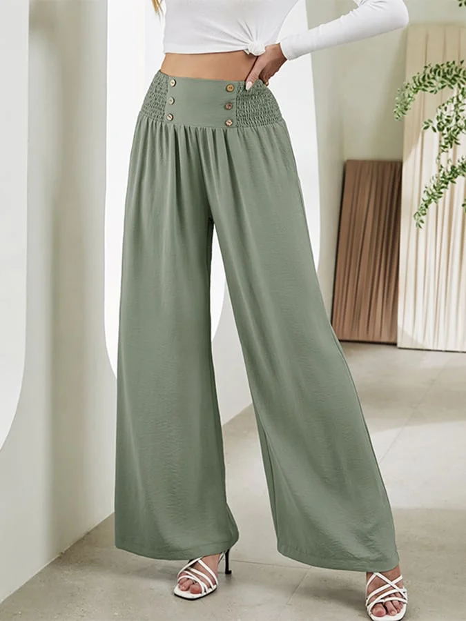 Fashion Elastic Waist Button High Waist Wide Leg Pants