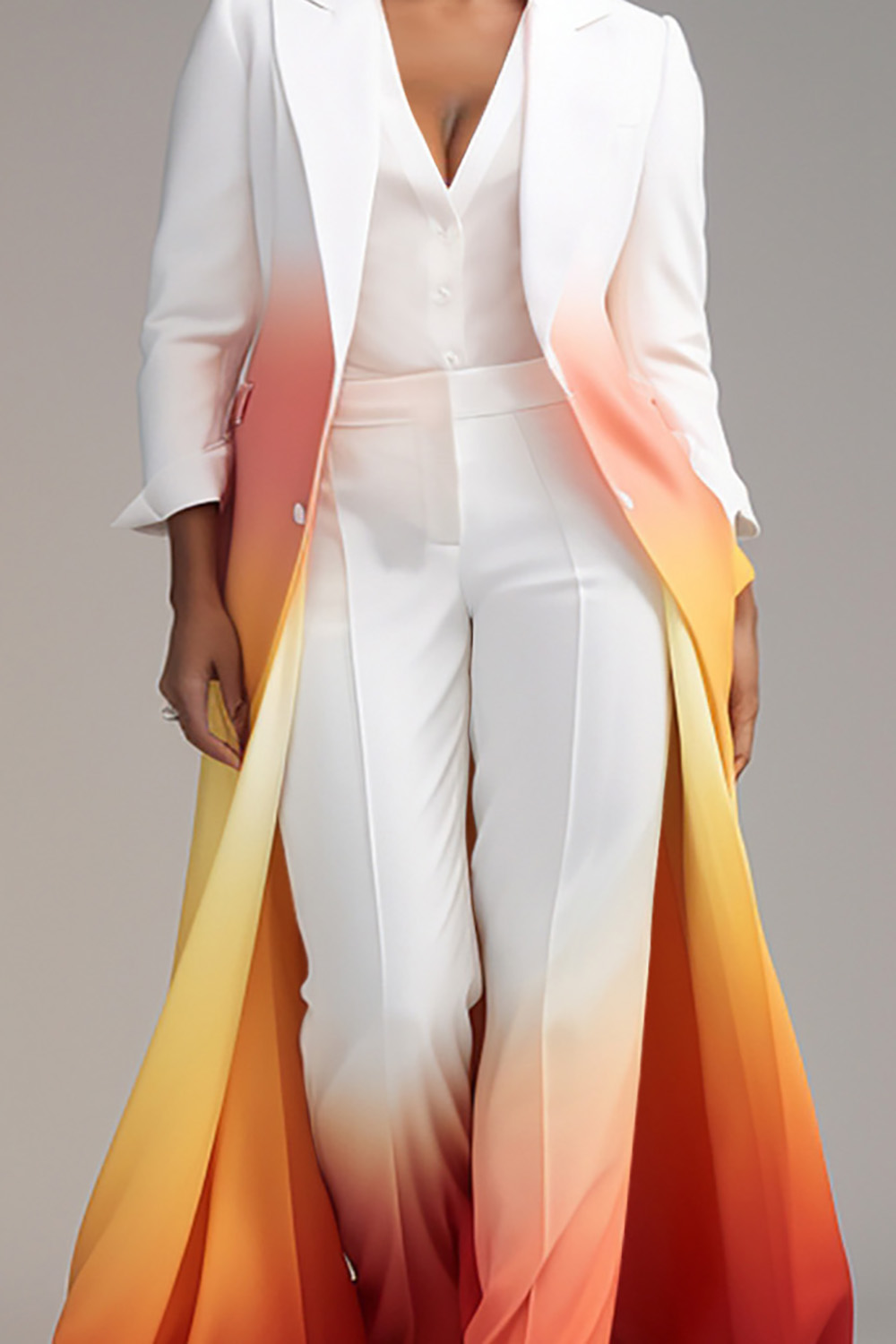 Design Plus Size Formal Elegant White Gradient Lapel Collar Long Sleeve Cardigans Two Piece Pant Suits [Pre-Order]
