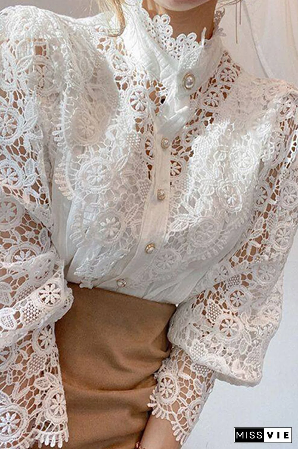 Elegant Patchwork Lace Hollowed Out Buckle Mandarin Collar Blouses(3 Colors)