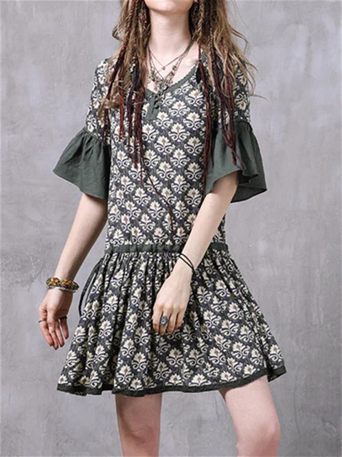 Women's Floral Print Half Sleeve V Neck Midi Dress