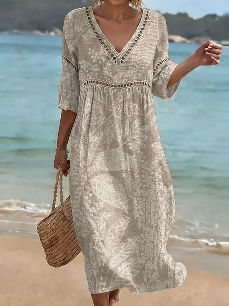 Women's Retro Floral Pattern Art Print Casual Stylish Cotton Linen Dress