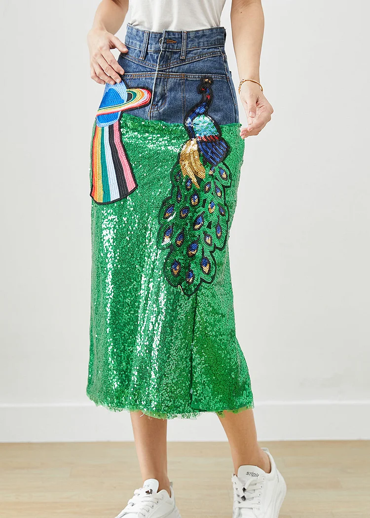 DIY Peacock Embroideried Patchwork Sequins Denim Skirt Fall