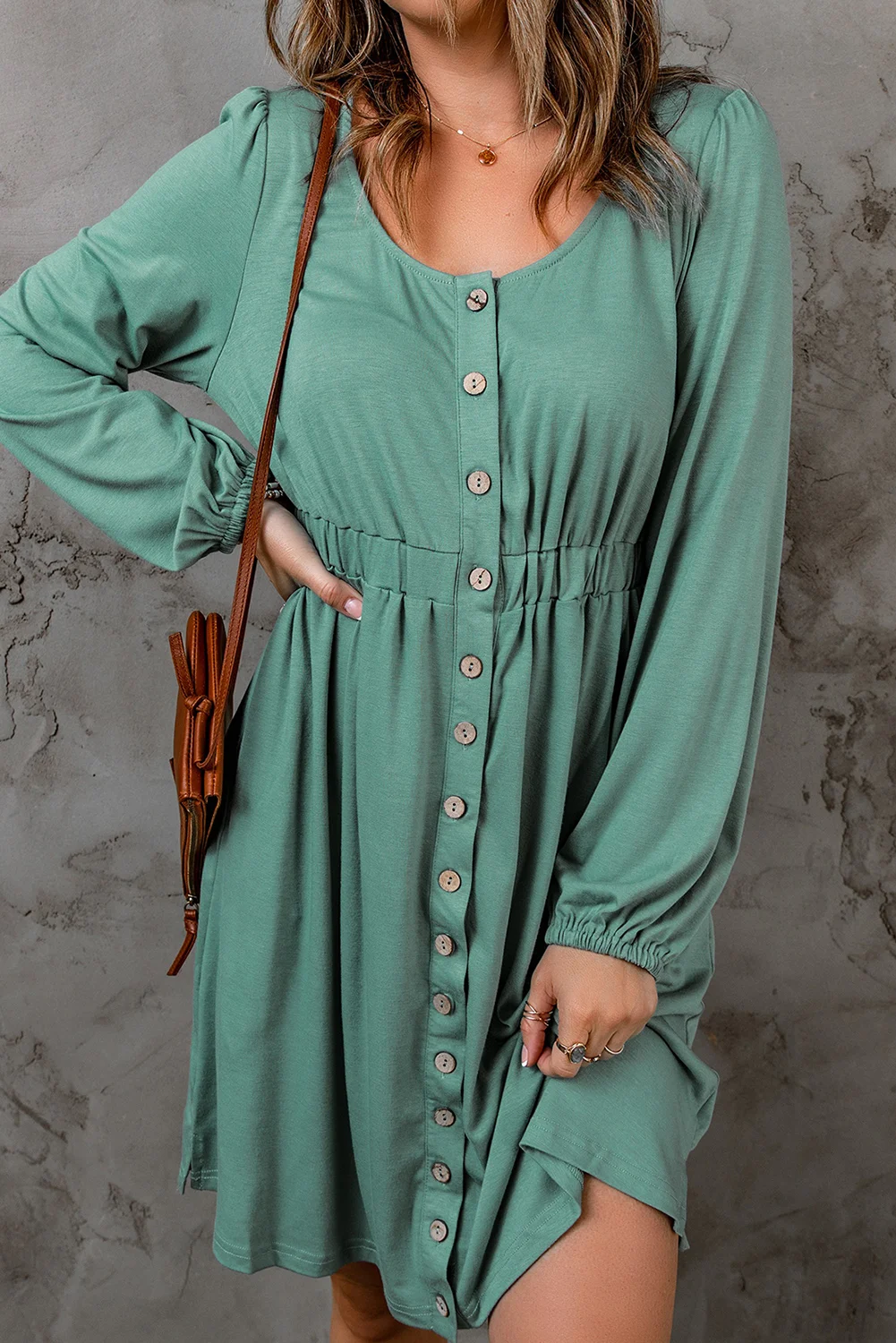 Green Button Up High Waist Long Sleeve Dress | IFYHOME