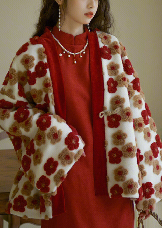 VCSHOES Red V Neck Floral Warm Coat Winter