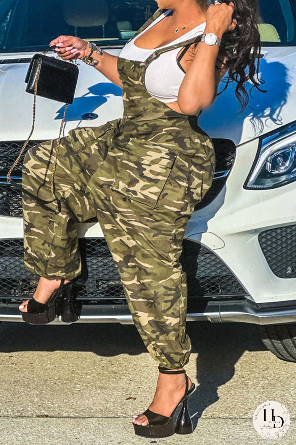 Army Green Street Camouflage Print Patchwork Spaghetti Strap Harlan Jumpsuits