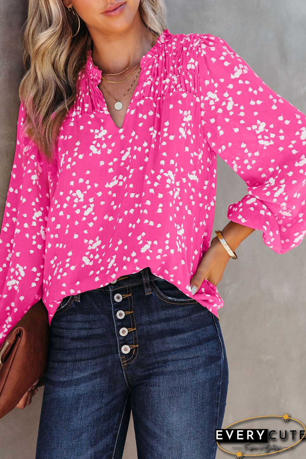 Pink Split Neck Fall Printed Crinkled Blouse