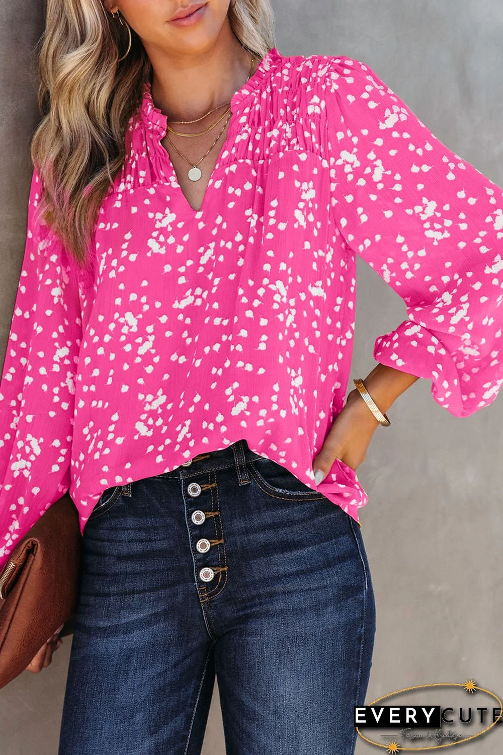 Pink Split Neck Fall Printed Crinkled Blouse