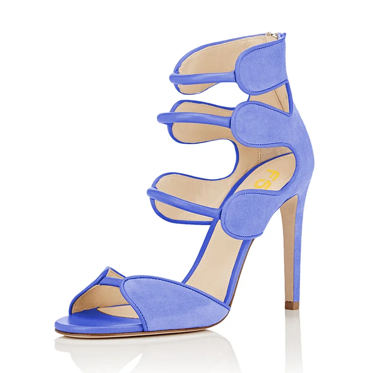 Women's Blue Open Toe Strappy Hollow Out  Stiletto Heels  Sandals |FSJ Shoes