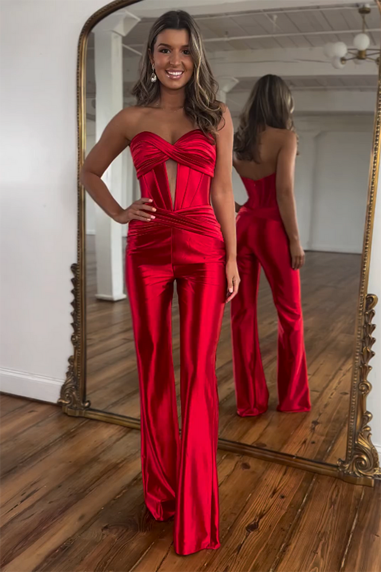 Twisted Strapless Cutout Corset Straight Leg Party Jumpsuit-Red