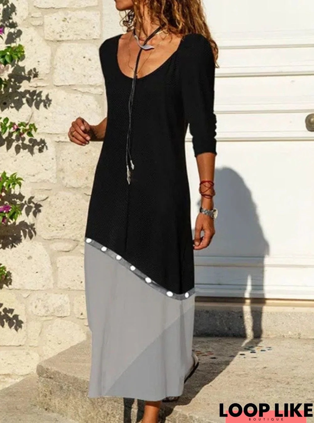 Contrast Stitching Casual Long-Sleeved Maxi Dress Black Dresses