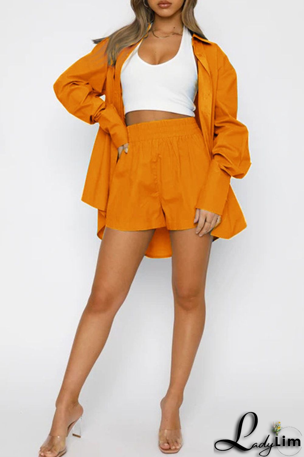 Orange Casual Solid Patchwork Buckle Turndown Collar Long Sleeve Two Pieces