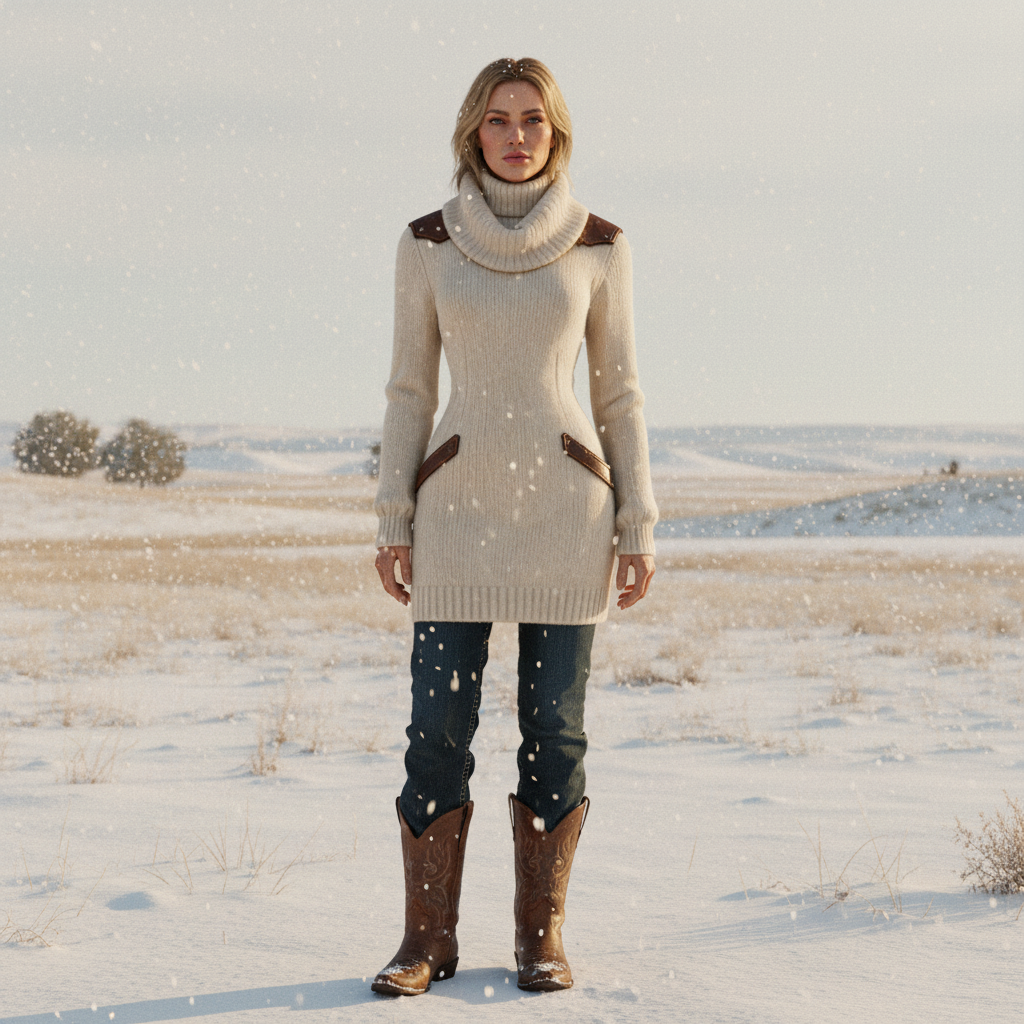 Women's Vintage Cream High Neck Knitted Dress With Leather Accents