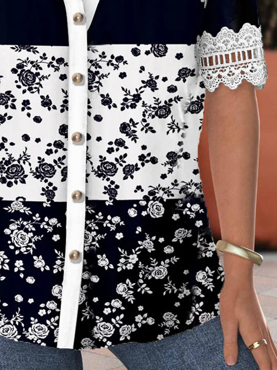 Women's Short Sleeve V-neck Lace Stitching Hollow Graphic Top